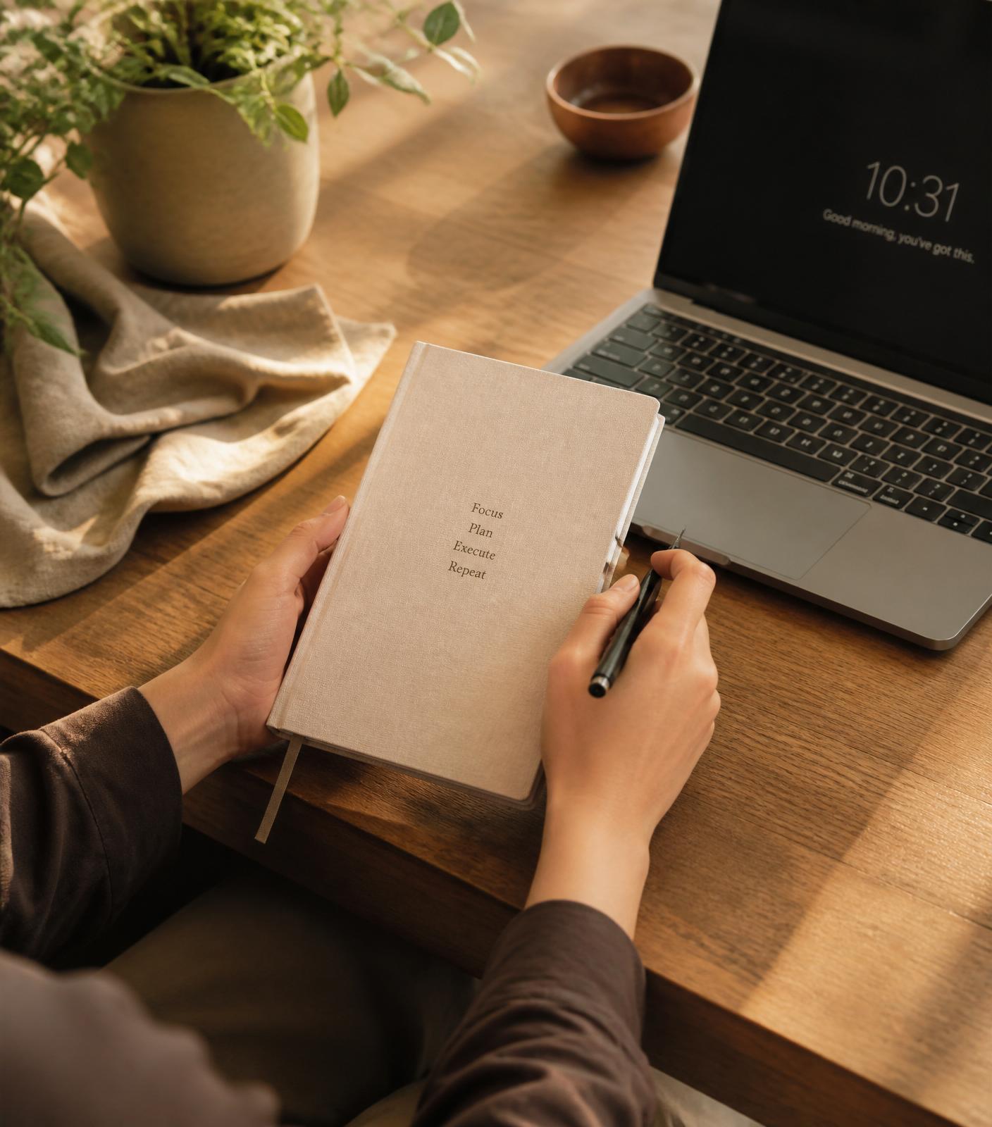 Notitieboek en laptop op een warme houten tafel