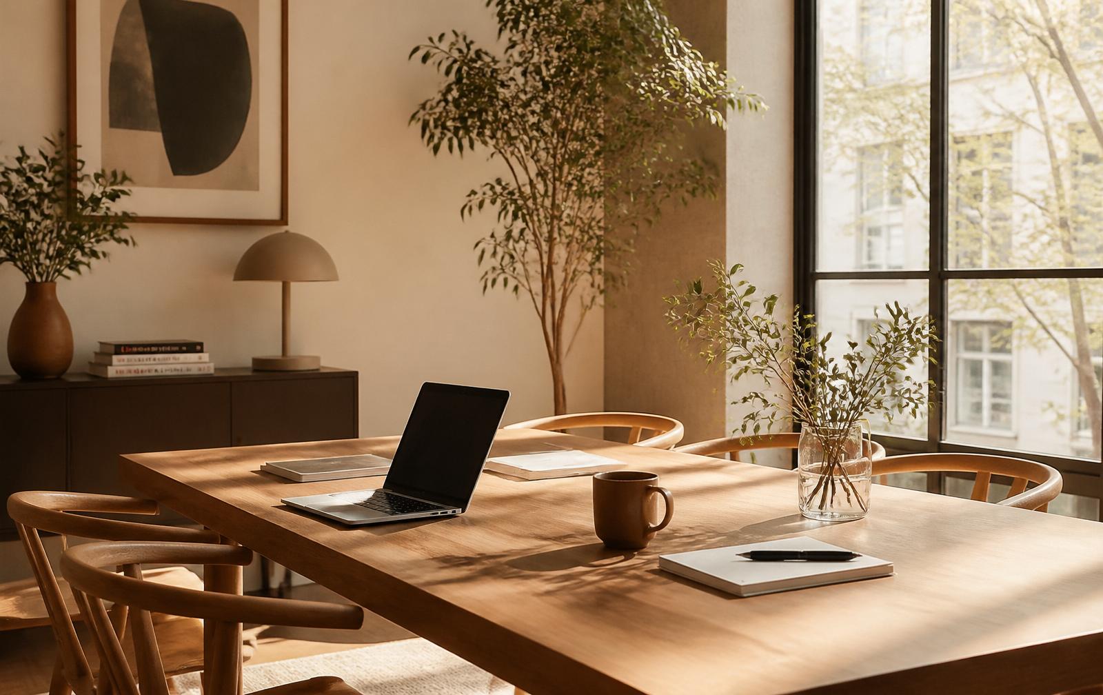 Warme werkruimte met houten tafel, laptop en daglicht